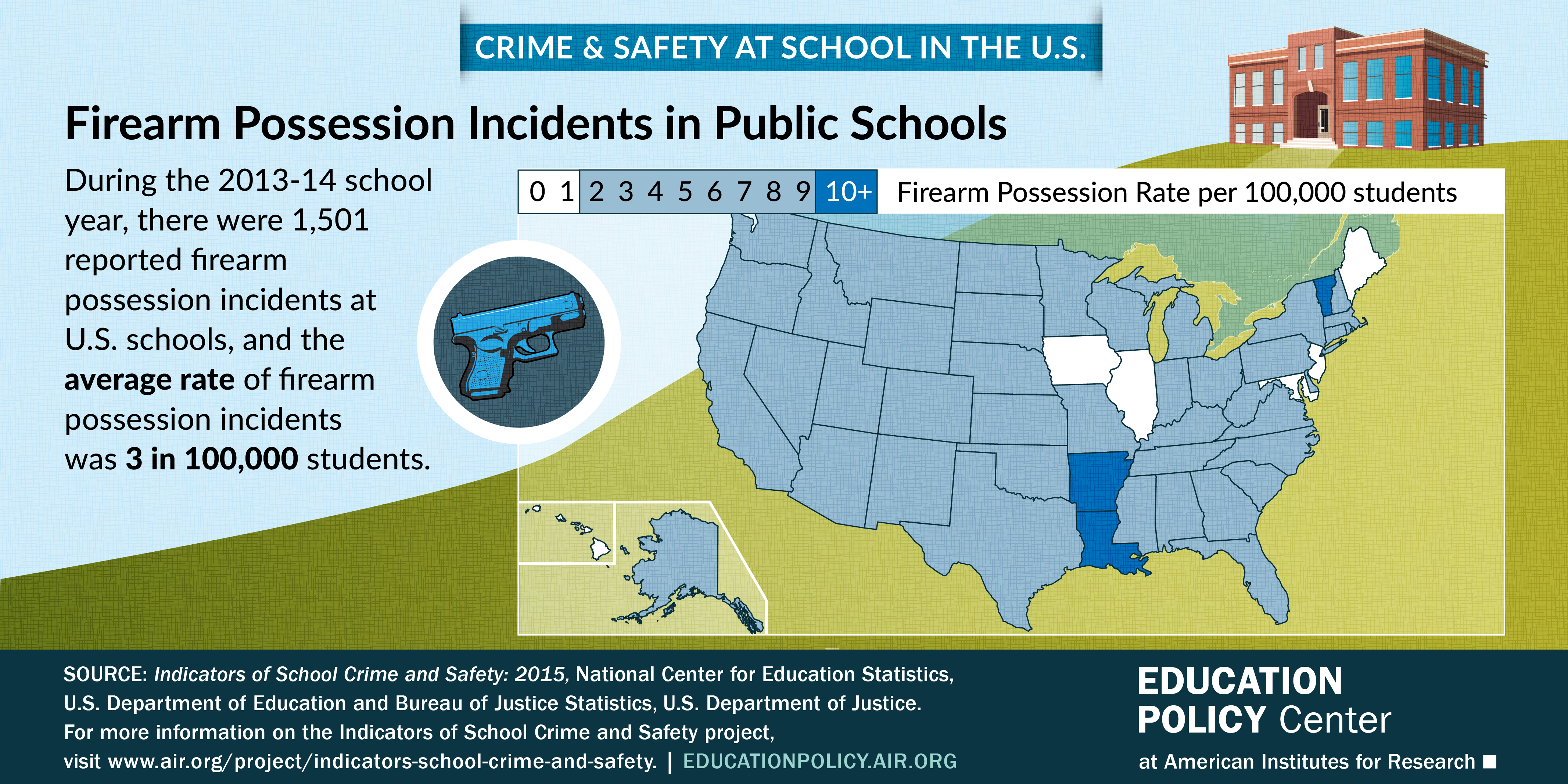 Infographic shows the firearm possession incident rate at U.S. Schools per state.