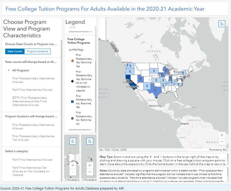 Screenshot of Free College Tuition Programs for Adults map