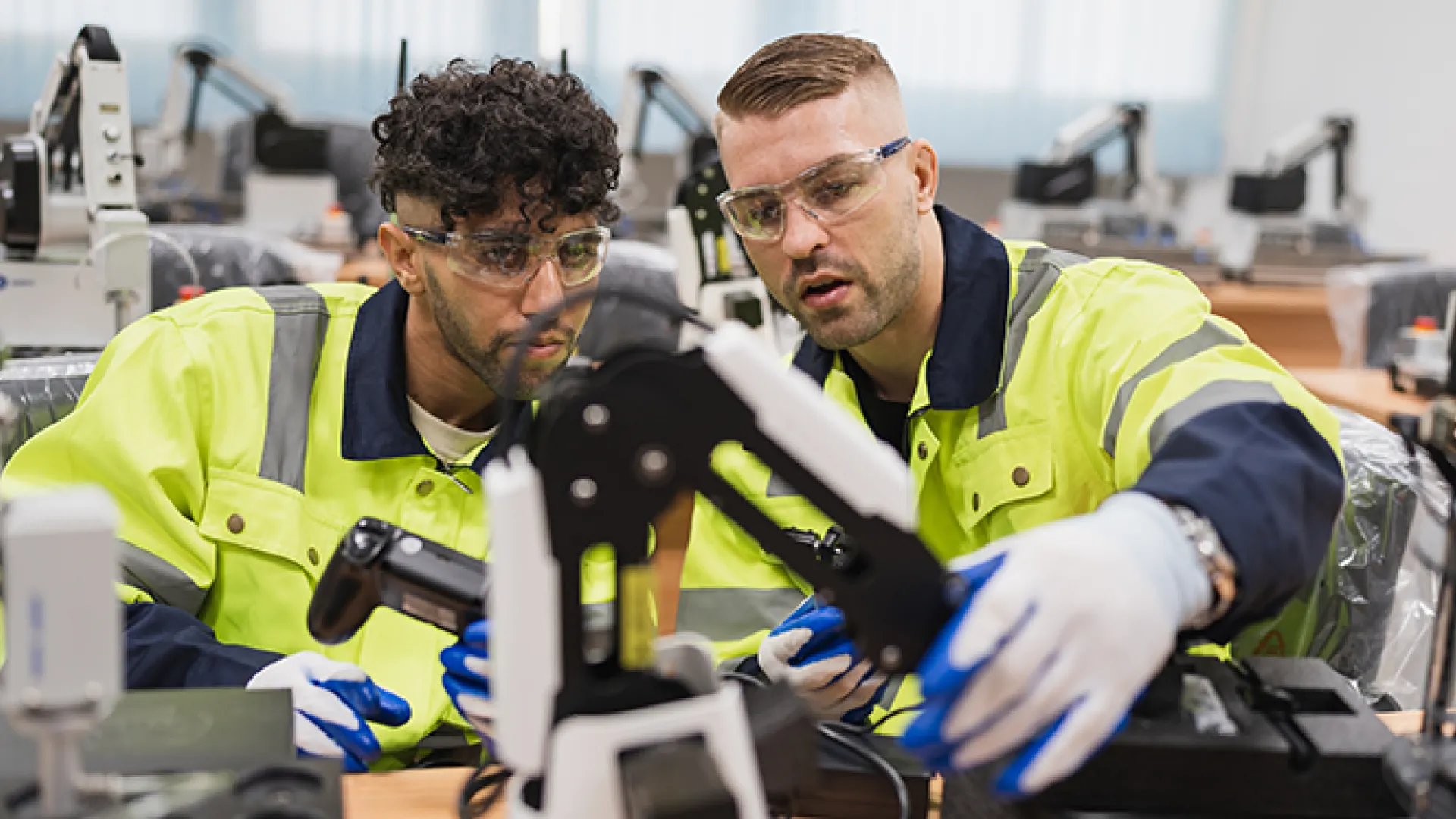 Two engineer man learning control and repair arm robot in class