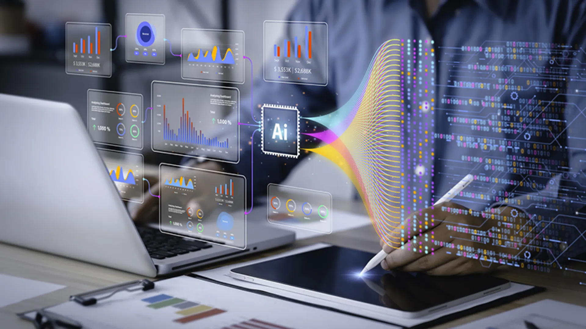 person working on laptop with overlay of data visualization