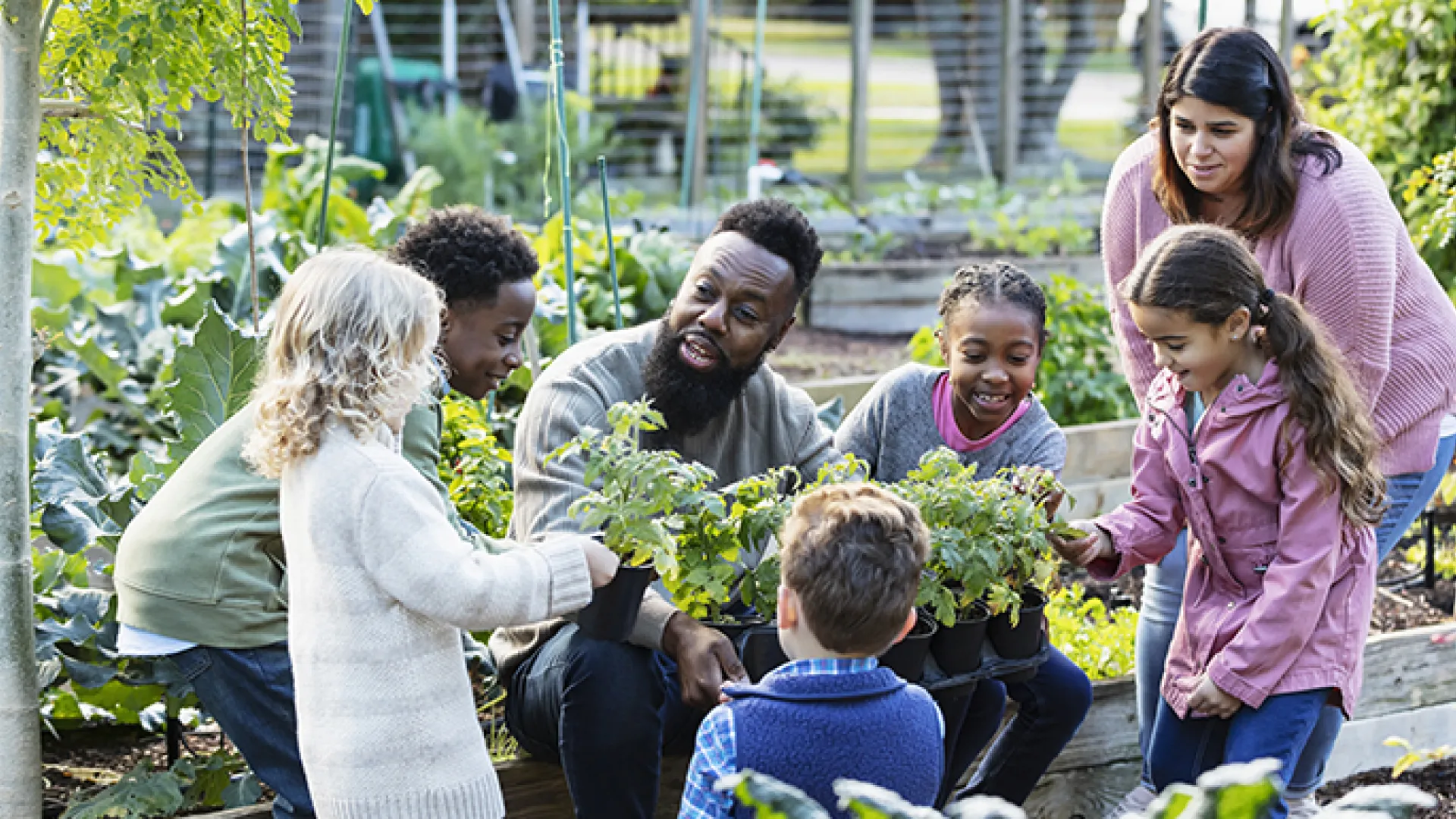 Teachers and young students in community garden