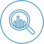 Icon showing magnifying glass and bar chart