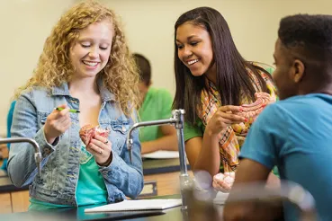 High school students with educational models