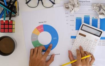 Desk from above with charts and graphs and calculator with hand pointing to pie chart