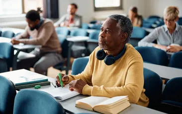 mature adult student taking notes in class