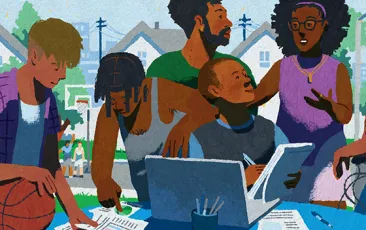 Illustration of young people working together around a laptop