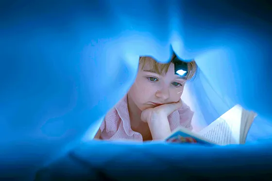 Boy reading under blankets