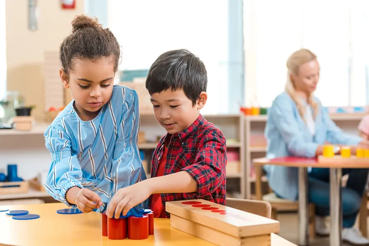 Preschool kids playing with blocks