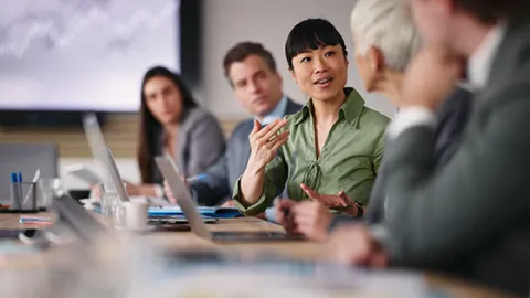 Woman speaking to colleagues in a meeting