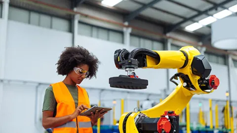 Woman working with robotic arm in factory