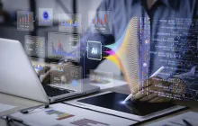 person working on laptop with overlay of data visualization