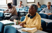 mature adult student taking notes in class