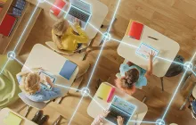 Students in a classroom connected by digital links