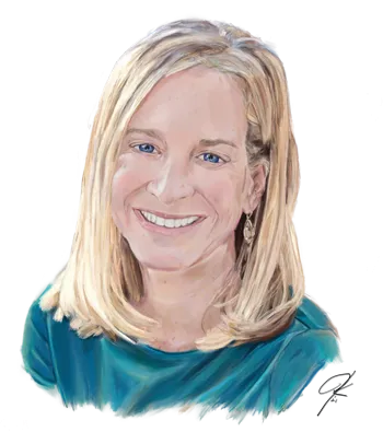 Illustration of Kathleen Murphy, a White woman with shoulder-length blonde hair wearing a green scoop-necked dress